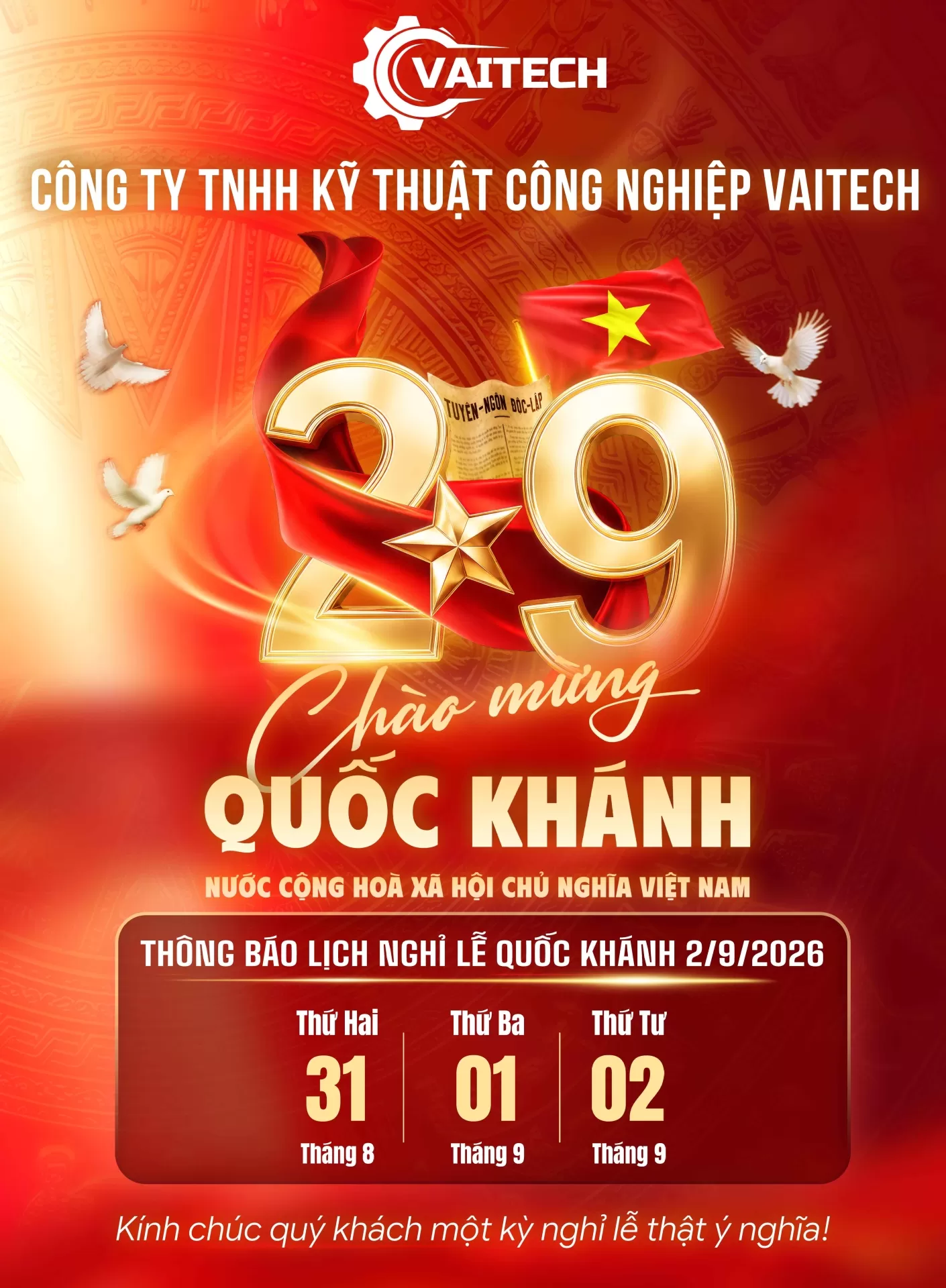 Thông báo lịch nghỉ lễ Quốc khánh 2/9/2026